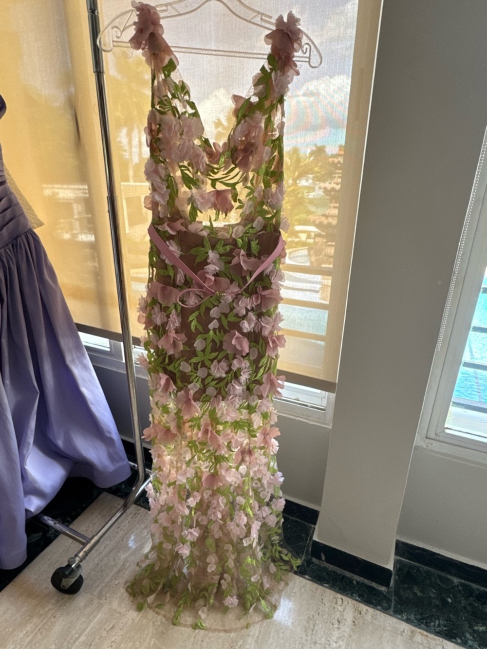 Floral 3D Appliqué Evening Gown in Pink and Green by PR designer Jose Karlo